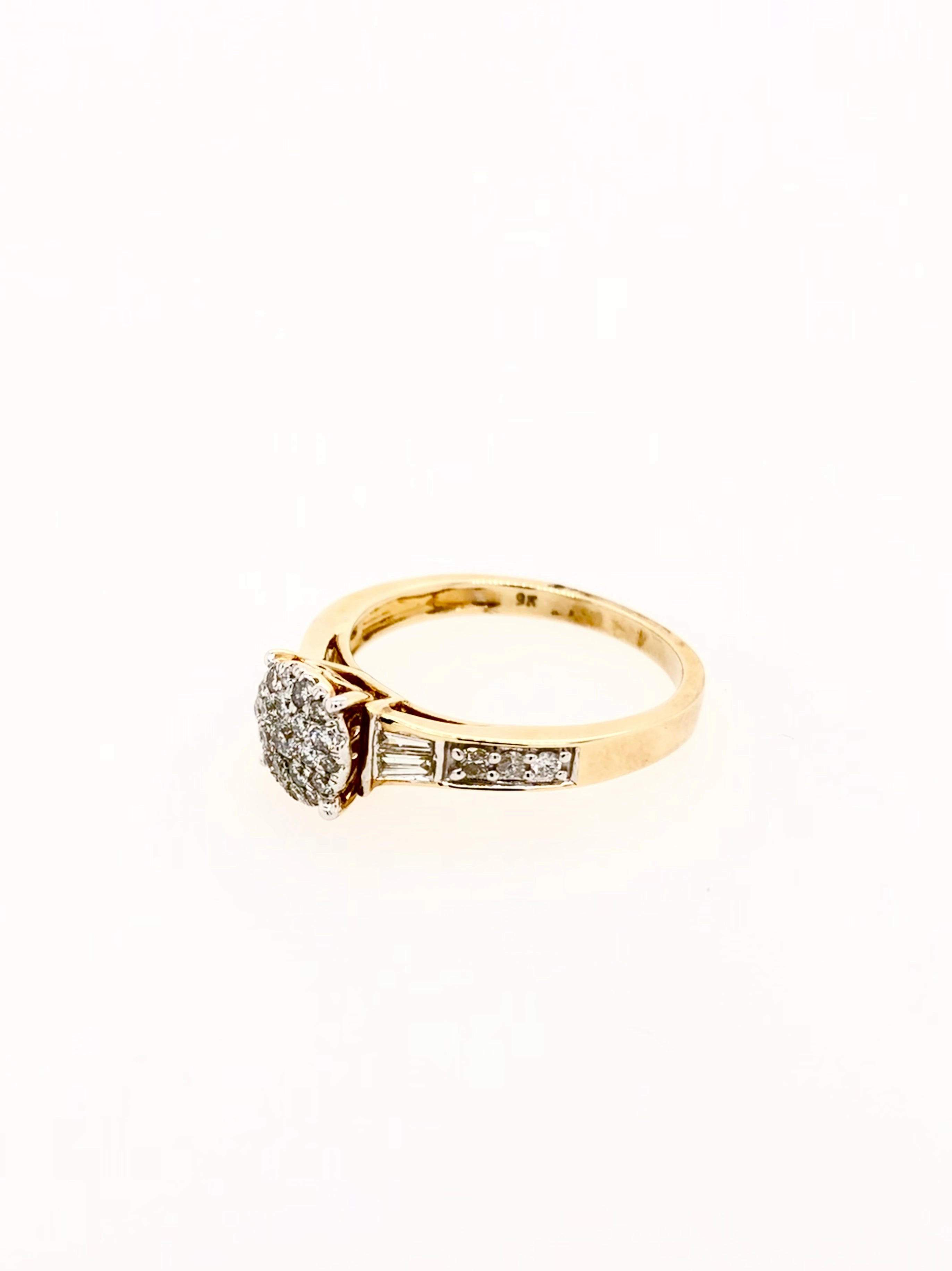 Round Cluster with Baguettes Yellow Gold Ring