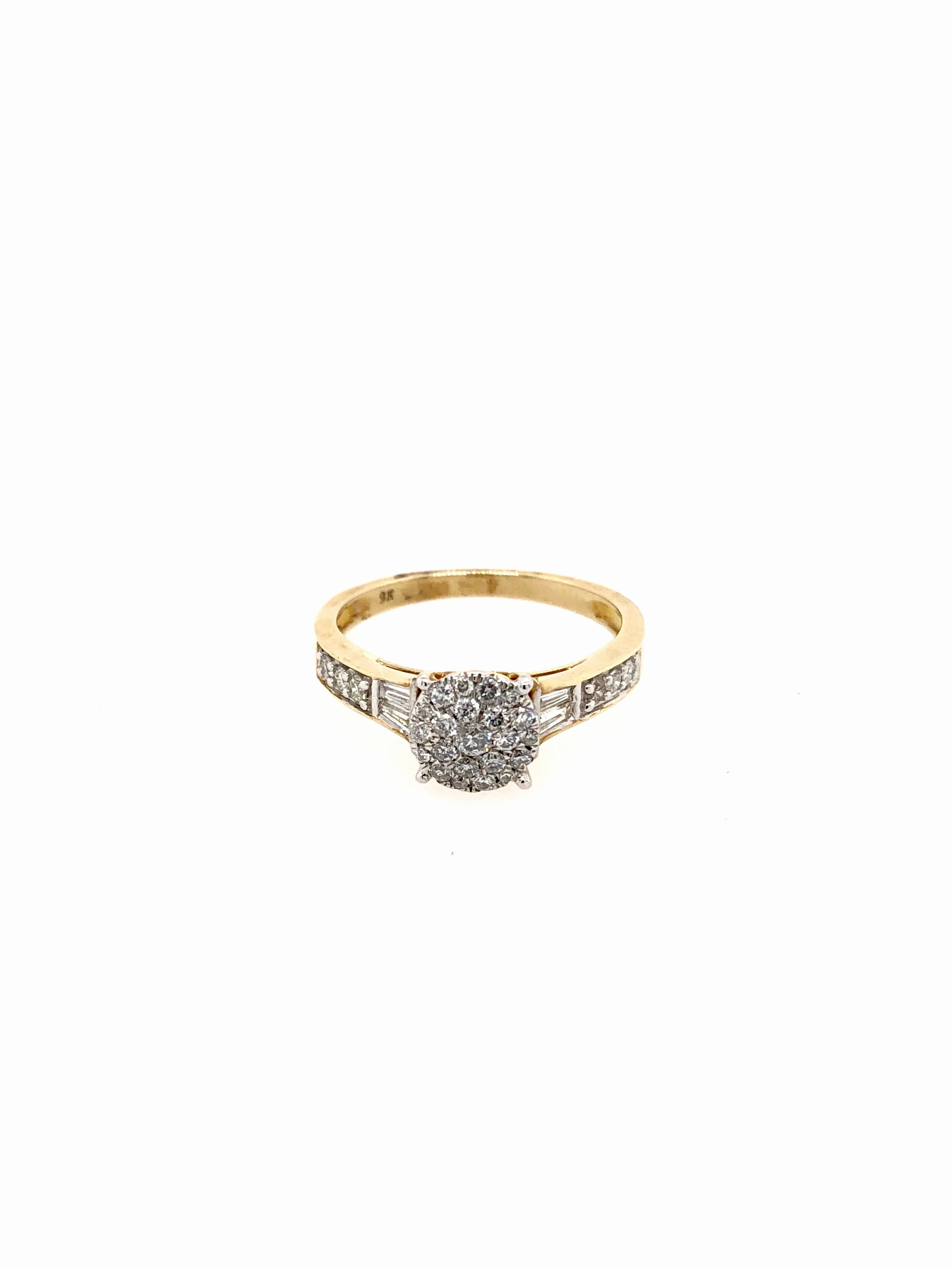 Round Cluster with Baguettes Yellow Gold Ring
