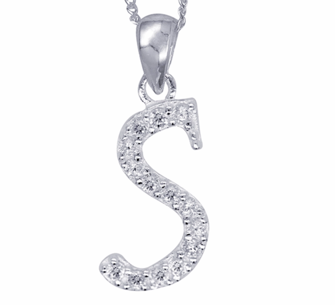 S/S Script Letter S with CZ Initial Pendant