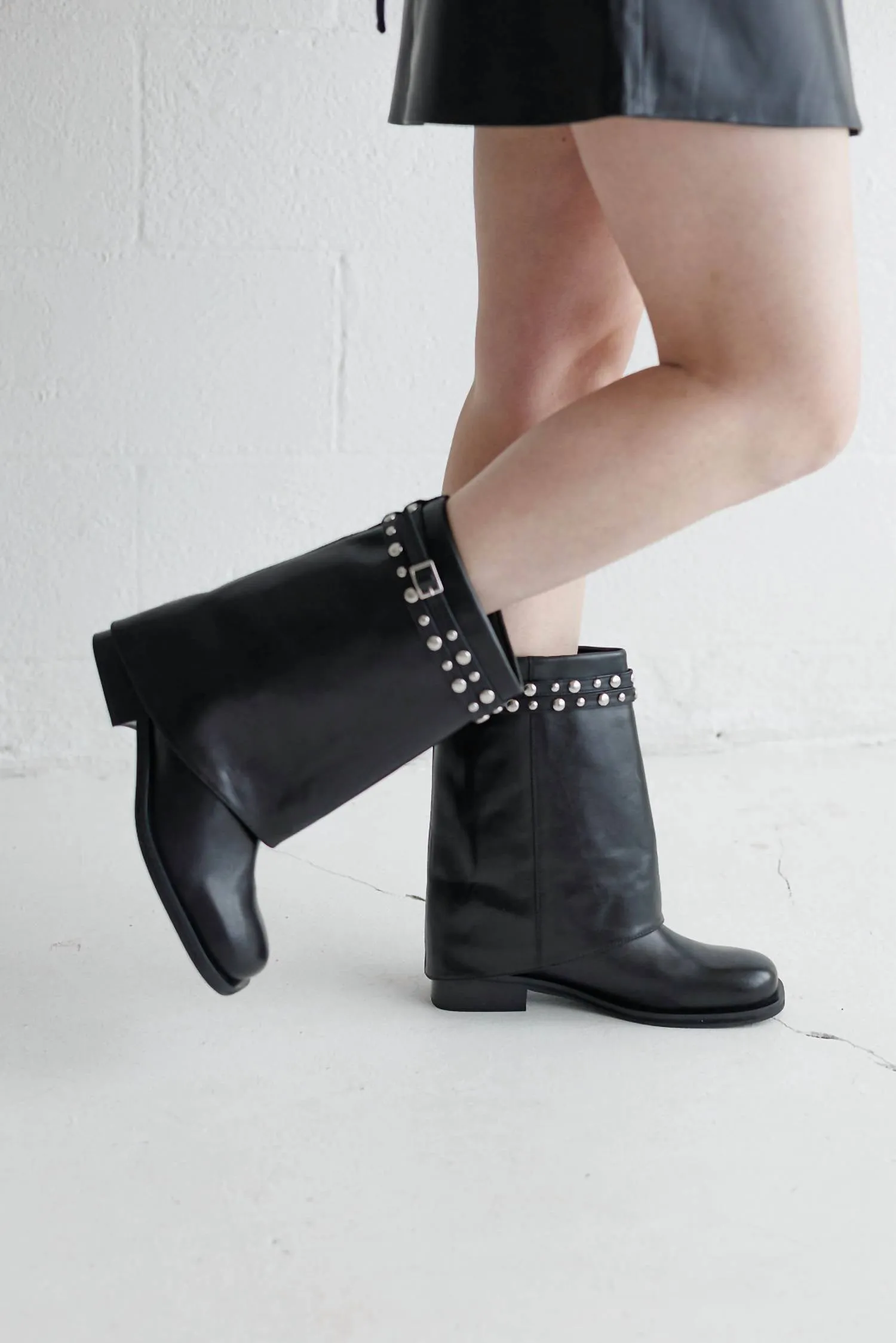Scorpio Studded Foldover Boot In Black Leather