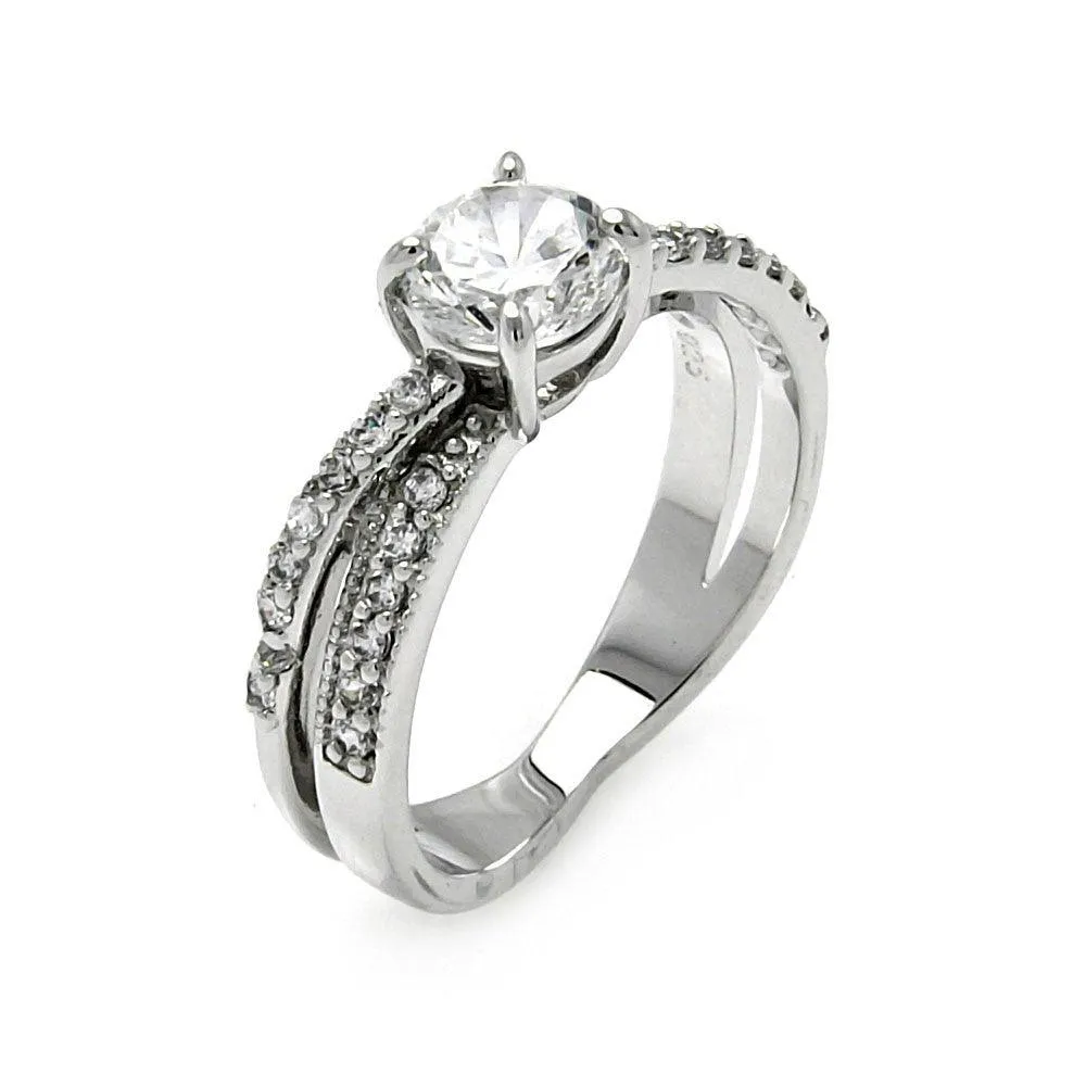 Silver 925 Rhodium Plated Clear CZ Round Overlap Bridal Ring - BGR00467