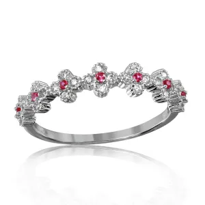 Silver 925 Rhodium Plated Clover Band with Red CZ Stones - GMR00129R