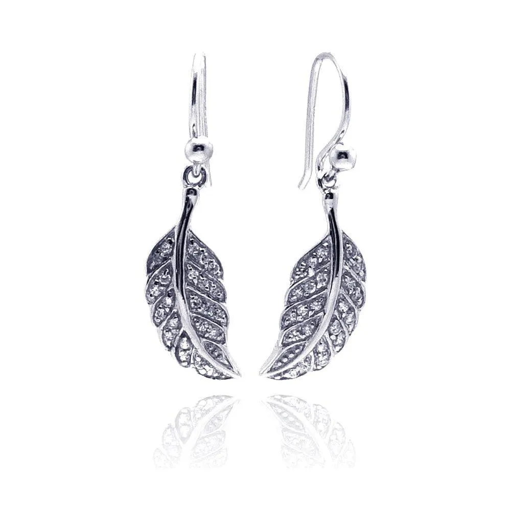 Silver 925 Rhodium Plated Curvy Leaf CZ Dangling Hook Earrings - STE00542