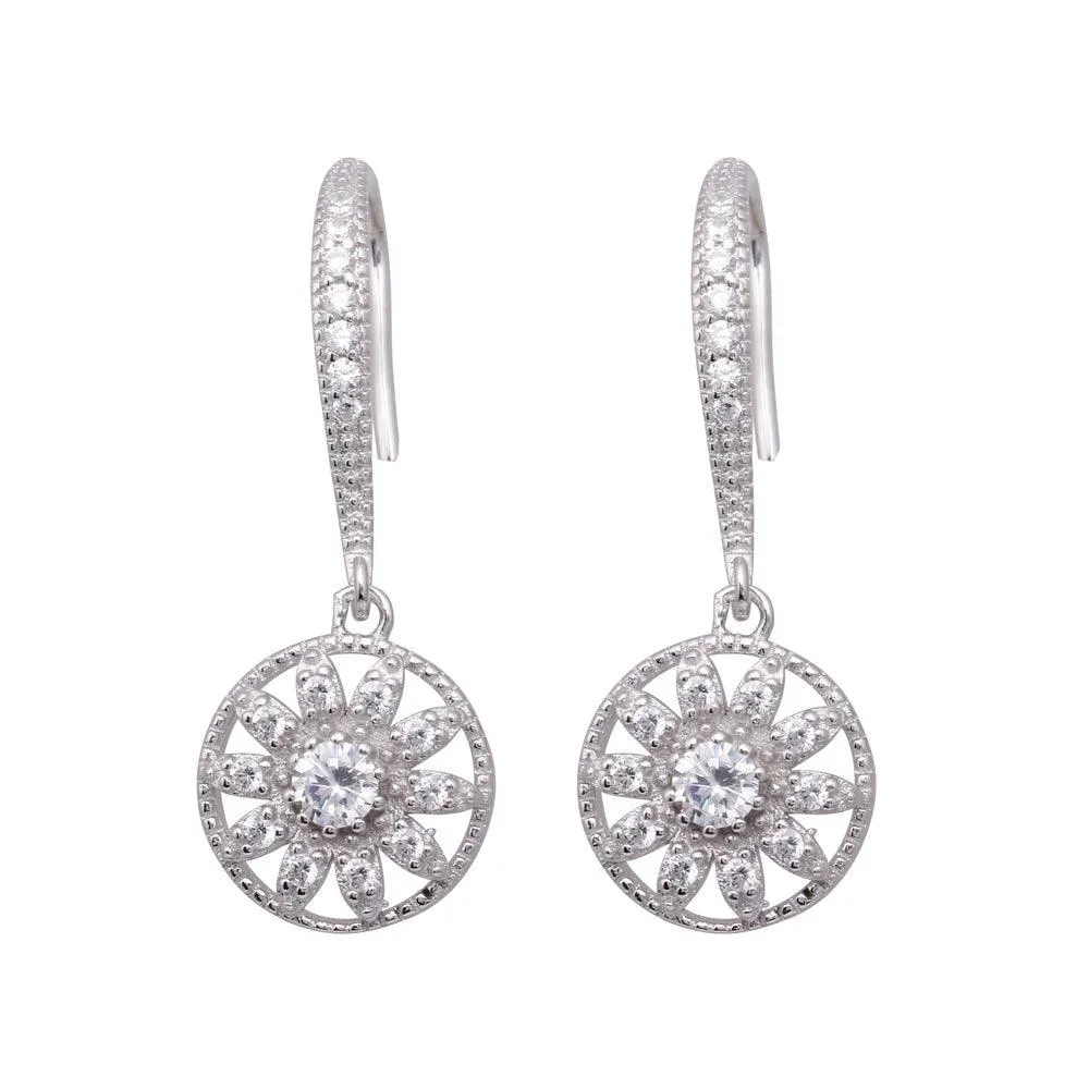 Silver 925 Rhodium Plated Flower CZ Dangling Hook Earrings - BGE00324