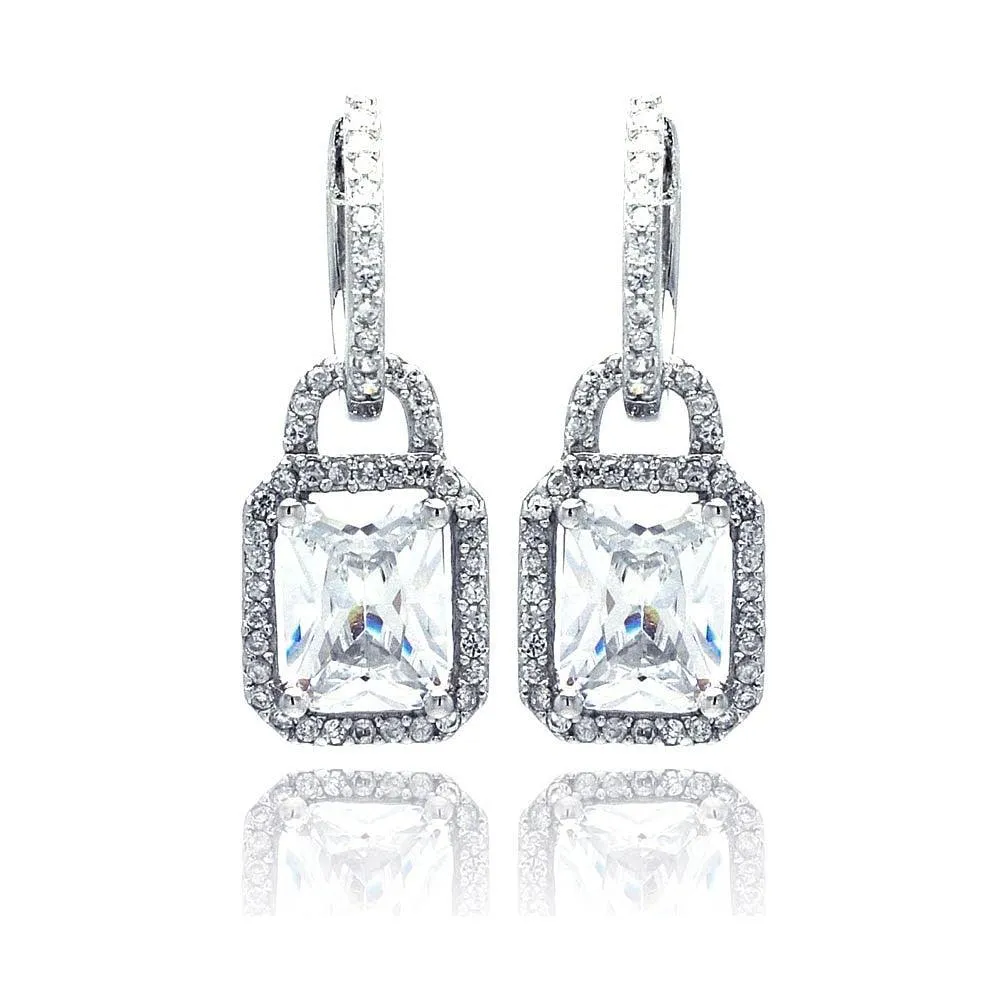 Silver 925 Rhodium Plated Micro Pave Clear Square CZ Dangling huggie hoop Earrings - ACE00031