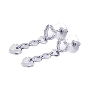 Silver 925 Rhodium Plated Open Heart Clear CZ Dangling Earrings - BGE00047