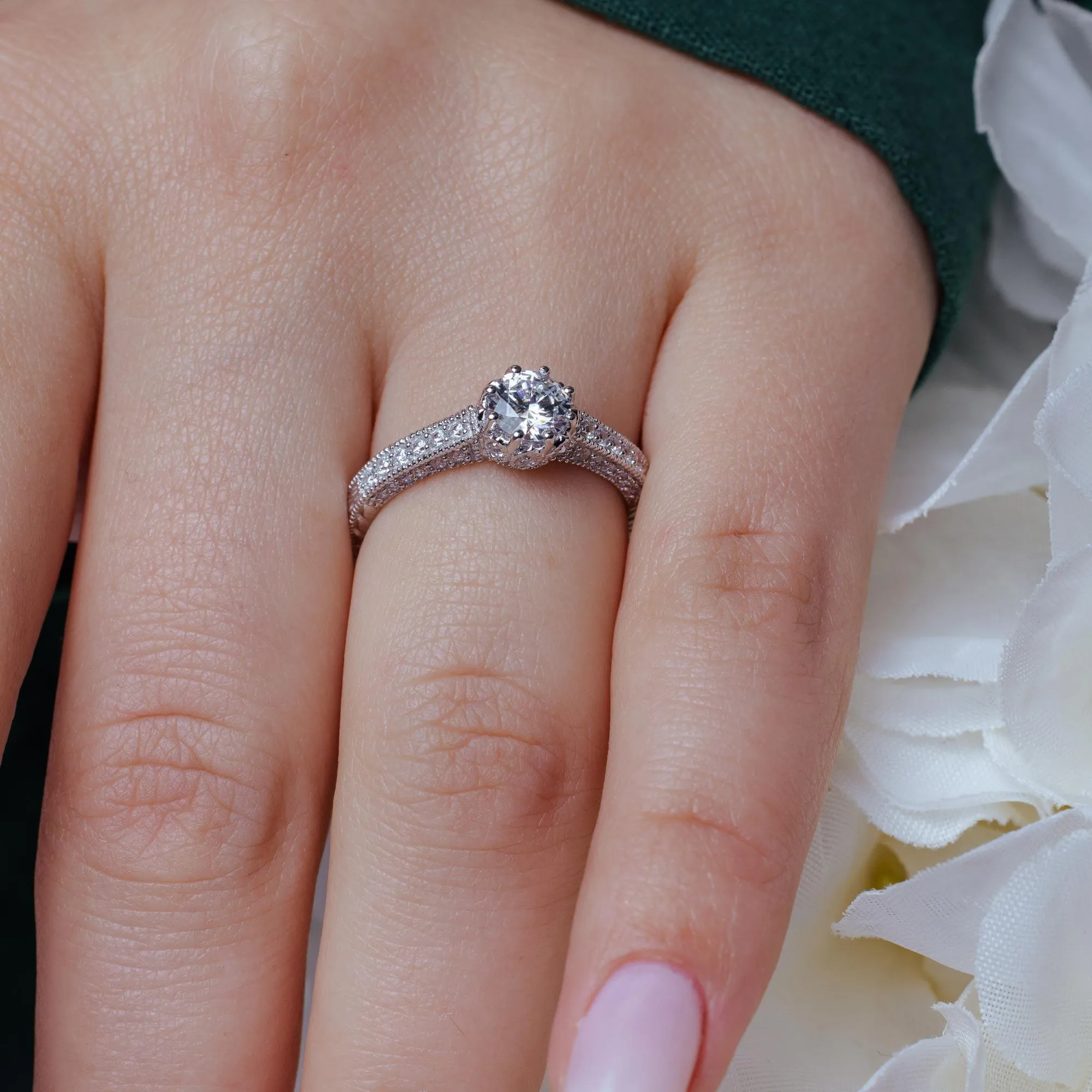 Silver 925 Rhodium Plated Pave Round Center CZ Ring - ACR00026