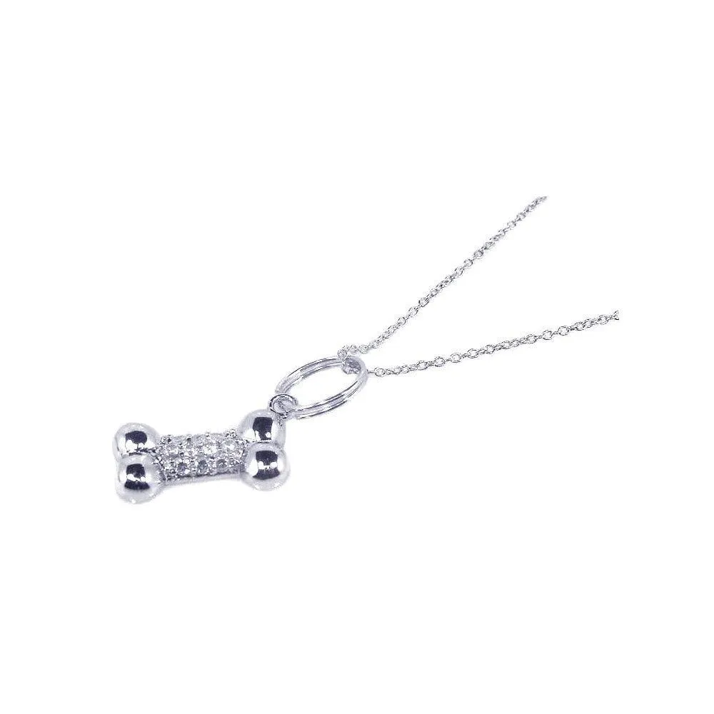 Silver 925 Rhodium Plated Pave Set Clear CZ Dog Bone Pendant Necklace - STP00513