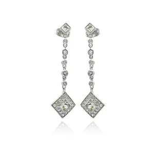 Silver 925 Rhodium Plated Square Round CZ Dangling Stud Earrings - BGE00248
