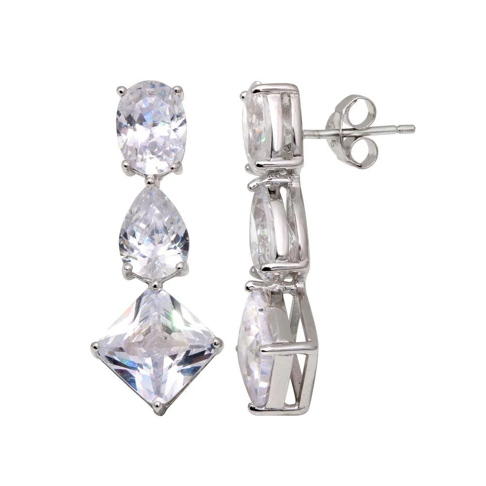 Silver 925 Rhodium Plated Three Graduated CZ Dangling Earrings - STE00250