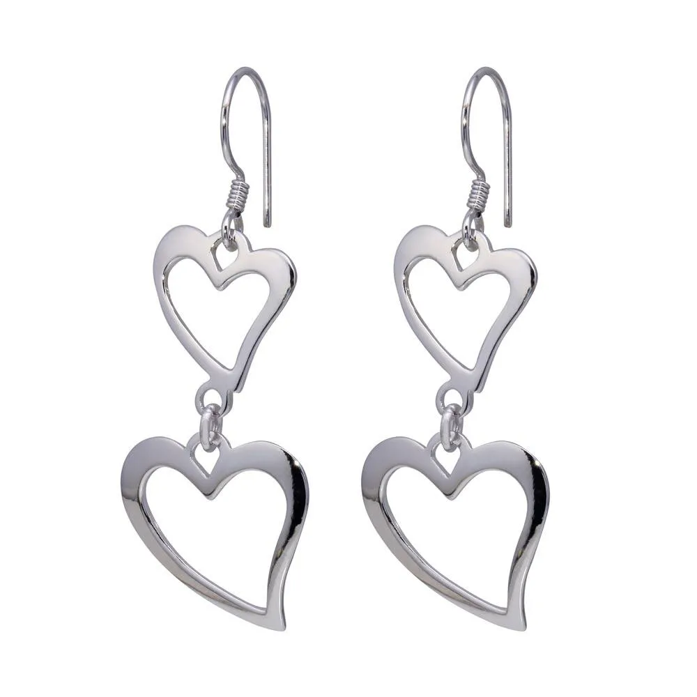 Silver 925 Rhodium Plated Two Graduated Open Heart Hook Earrings - DSE00008