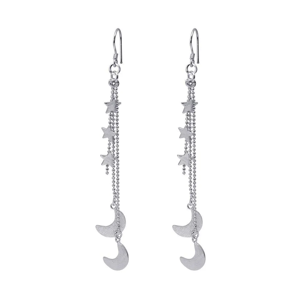 Silver 925 Rhodium Plated Wire Dangling Star and Crescent Moon Hook Earrings - DSE00033