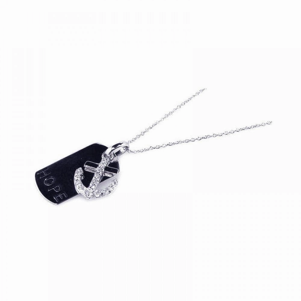 Silver 925 Rhodium Plated Clear CZ Anchor Black Dogtag Pendant Necklace - STP00754