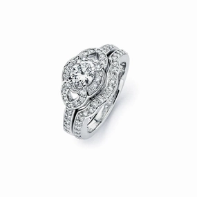 Silver 925 Rhodium Plated Clear CZ Heart Engagement Ring Set - BGR00717