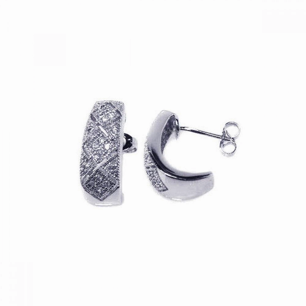 Silver 925 Rhodium Plated Crescent Micro Pave Clear CZ Stud Post Earrings - ACE00007