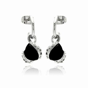 Silver 925 Rhodium Plated CZ Black Teardrop Onyx Dangling Stud Earrings - BGE00237