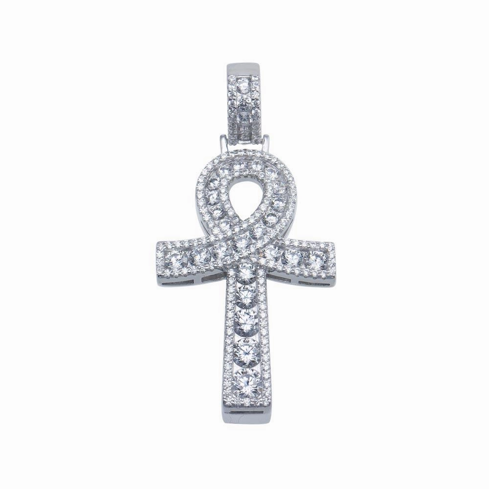 Silver 925 Rhodium Plated CZ Encrusted Egyptian Ankh Cross Hip Hop Pendant - SLP00107