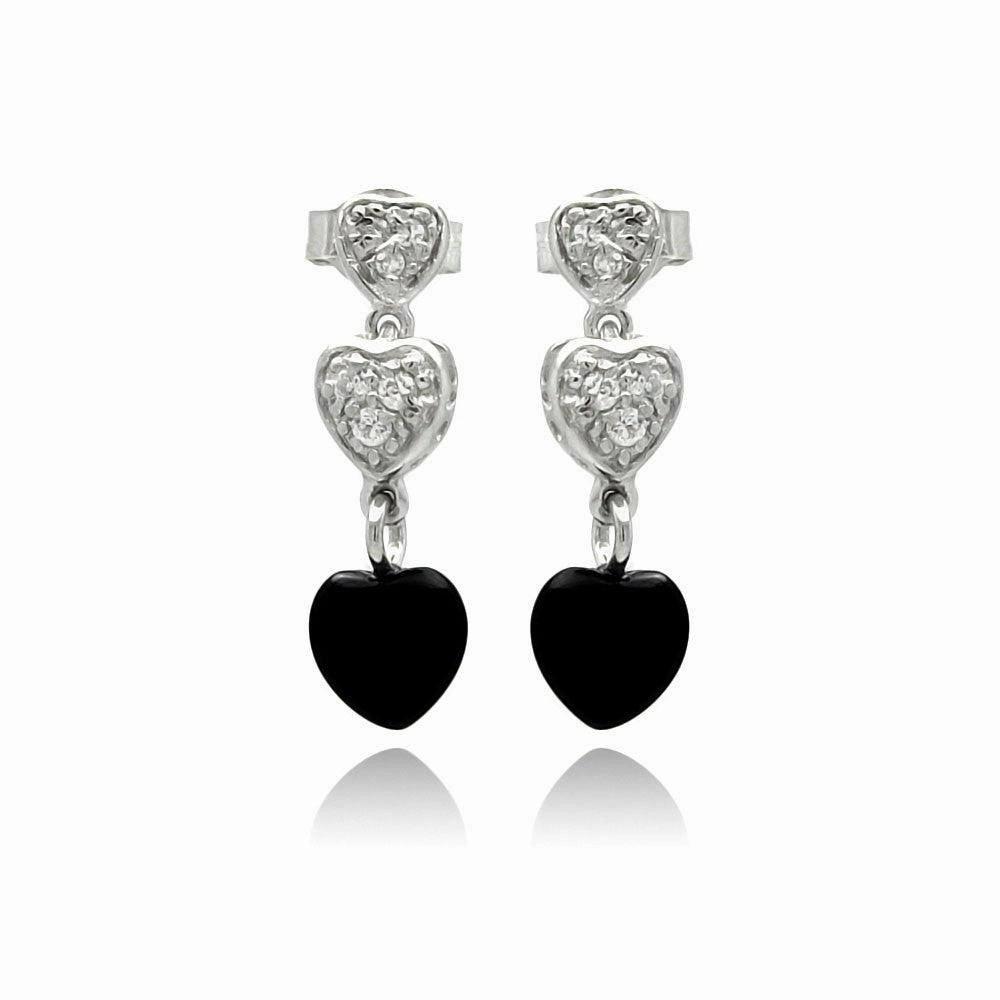Silver 925 Rhodium Plated Graduated Heart Round Clear CZ Black Onyx Dangling Stud Earrings - STE00771