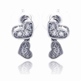 Silver 925 Rhodium Plated Heart CZ Inlay Dangling Stud Earrings - BGE00115