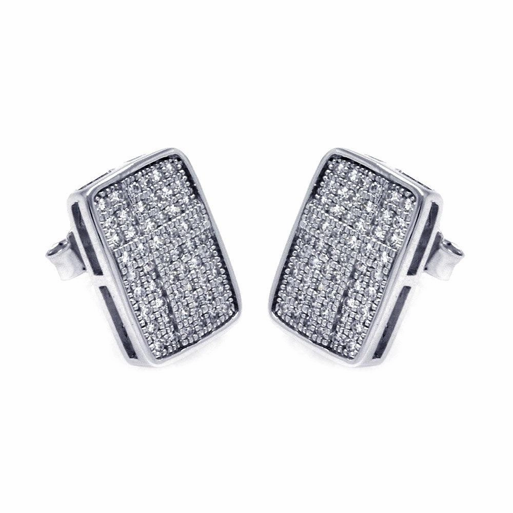 Silver 925 Rhodium Plated Micro Pave Clear Rectangle CZ Stud Earrings - ACE00051