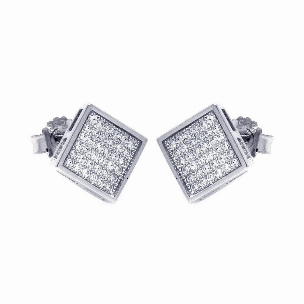 Silver 925 Rhodium Plated Micro Pave Clear Square CZ Stud Earrings - ACE00041