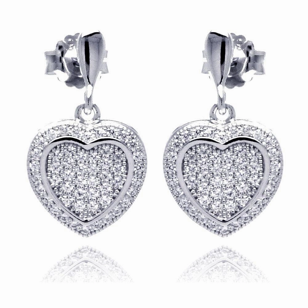 Silver 925 Rhodium Plated Micro Pave Heart Clear CZ Dangling Stud Earrings - ACE00042