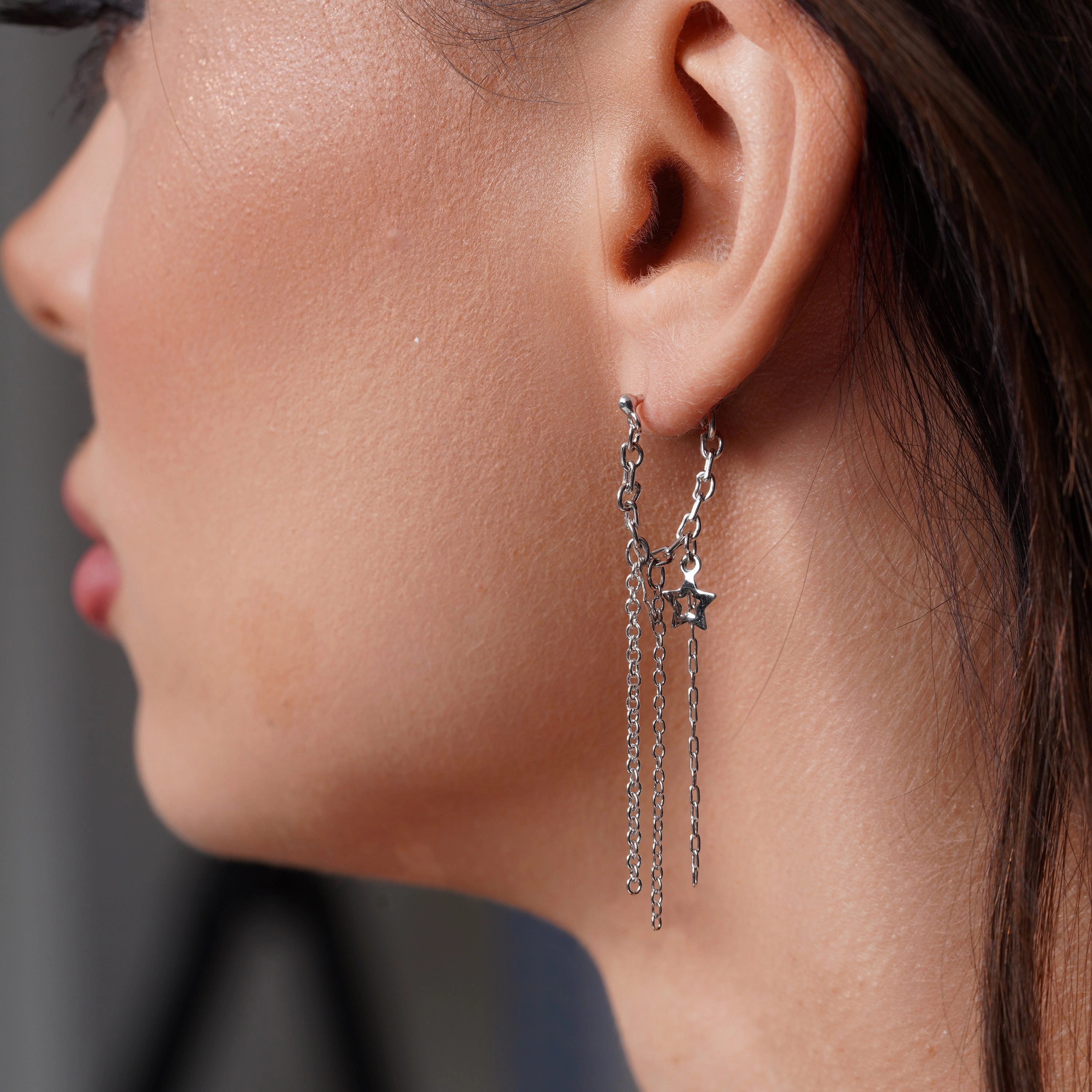 Silver 925 Rhodium Plated Multiple Wire Dangling Open Star Stud Earrings - DSE00027