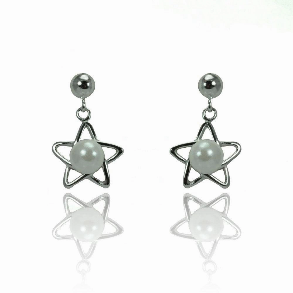 Silver 925 Rhodium Plated Open Start Dangling Synthetic Pearl Stud Earrings - STE00908