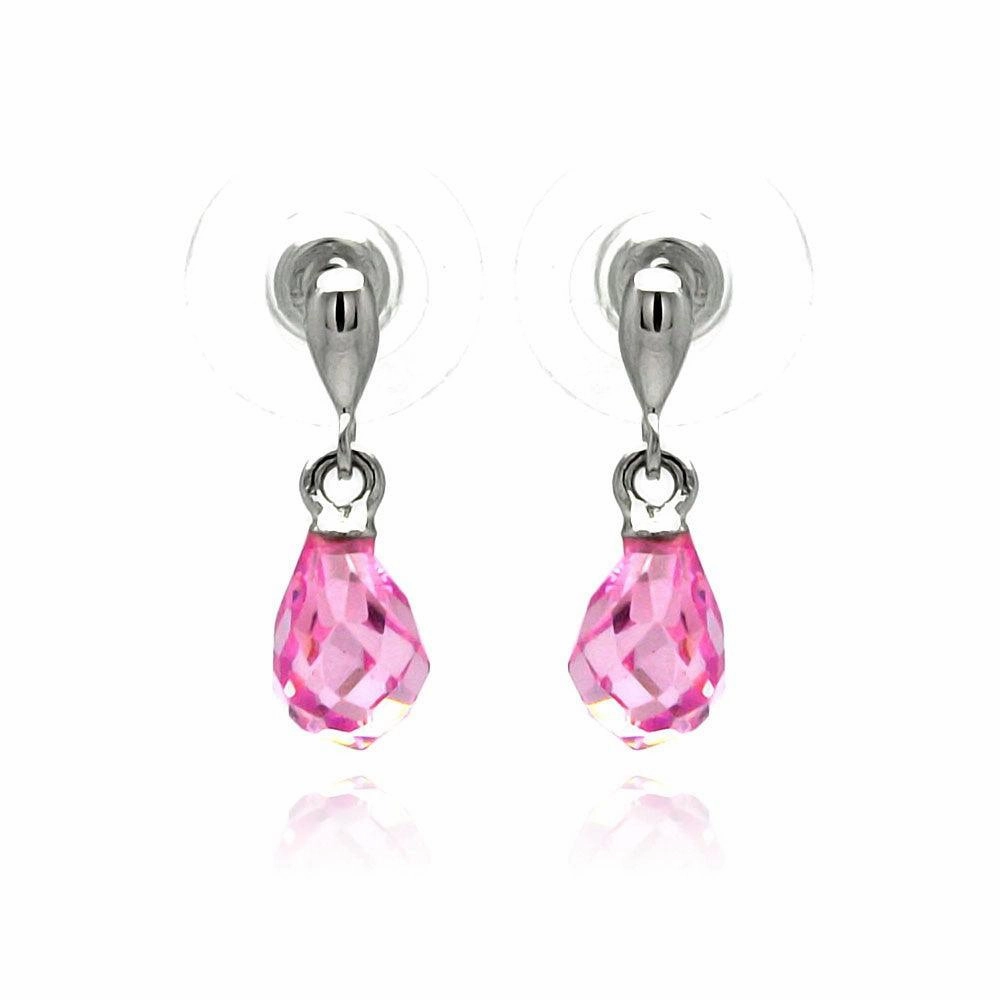 Silver 925 Rhodium Plated Pear Teardrop Pink CZ Dangling Stud Earrings - BGE00235