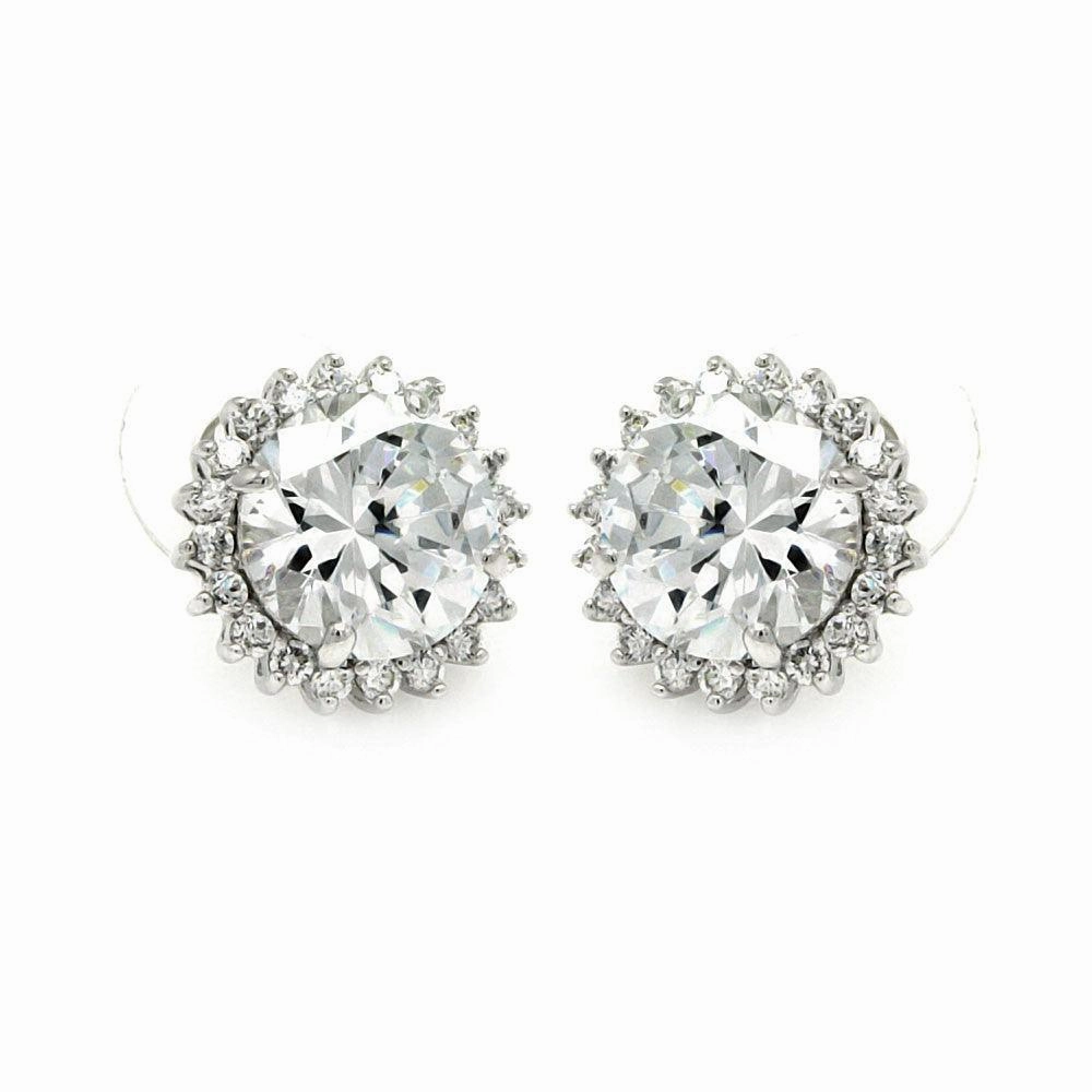 Silver 925 Rhodium Plated Round Center Sun CZ Stud Earrings - BGE00212