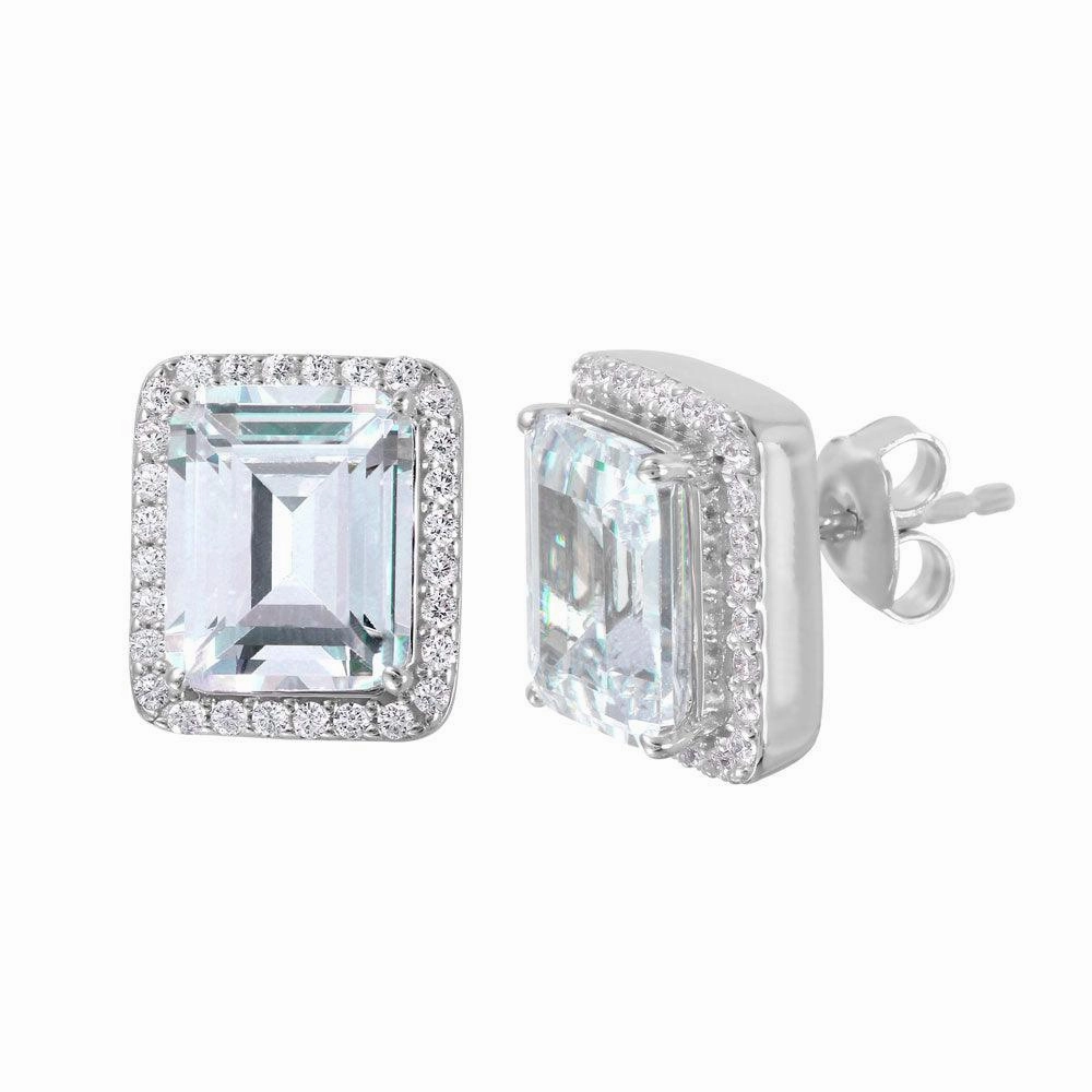 Silver 925 Rhodium Plated Round Square CZ Stud Earrings - GME00013RH