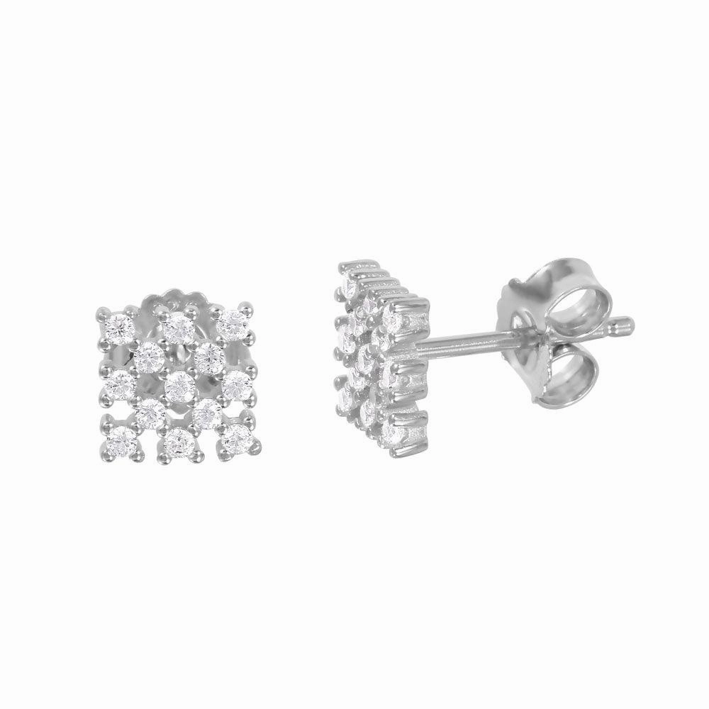 Silver 925 Rhodium Plated Small Square Checkered CZ Stud Earrings - ACE00078RH