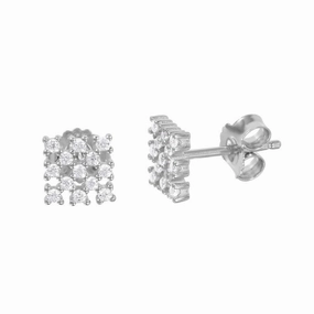 Silver 925 Rhodium Plated Small Square Checkered CZ Stud Earrings - ACE00078RH