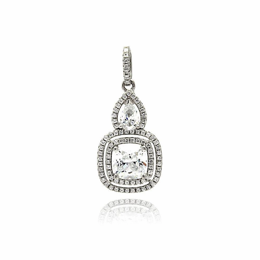 Silver 925 Rhodium Plated Square Teardrop Micro Pave CZ Dangling Pendant - ACP00087