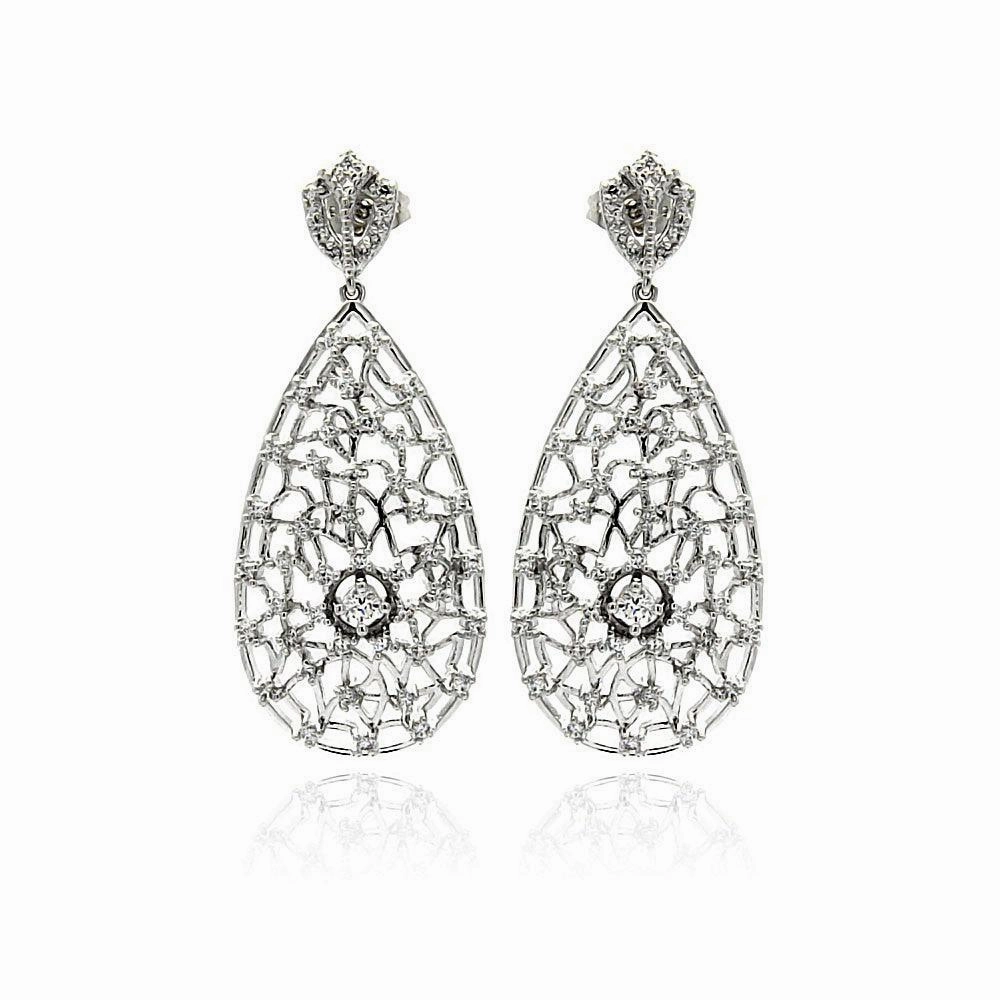 Silver 925 Rhodium Plated Teardrop CZ Dangling Stud Earrings - BGE00255