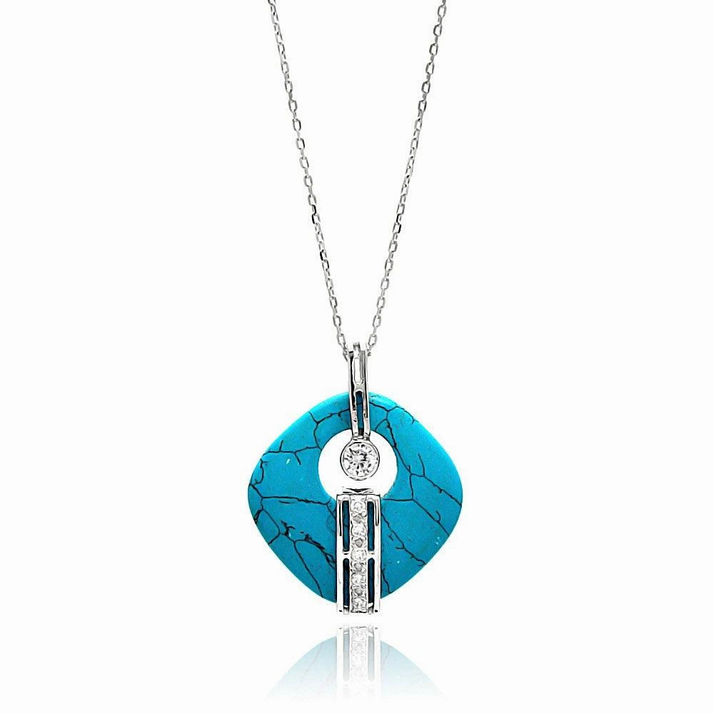 Silver 925 Rhodium Plated Turquoise Open Square Stone Center Circle CZ Necklace - BGP00644