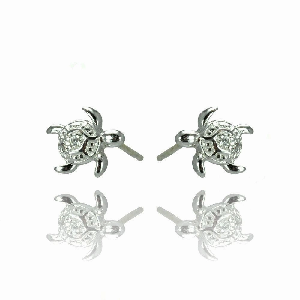 Silver 925 Rhodium Plated Turtle CZ Stud Earrings - STE00907