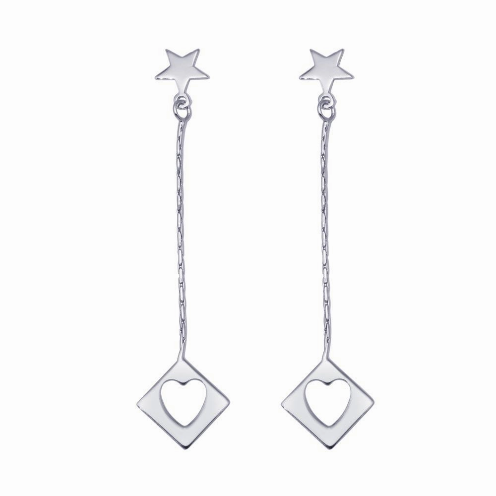 Silver 925 Rhodium Plated Wired Dangling Square Open Heart Stud Earrings - DSE00028