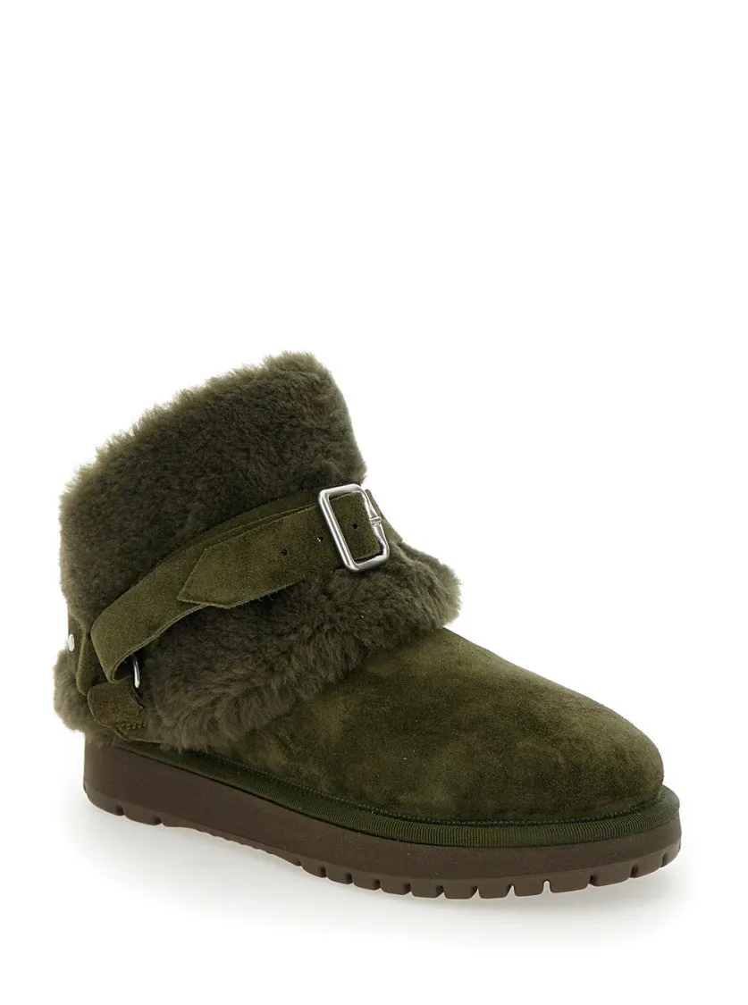 Snug Green Ankle Boots With Strap In Suede And Shearling