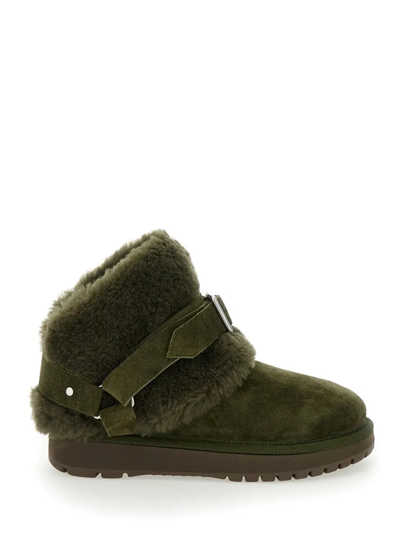 Snug Green Ankle Boots With Strap In Suede And Shearling