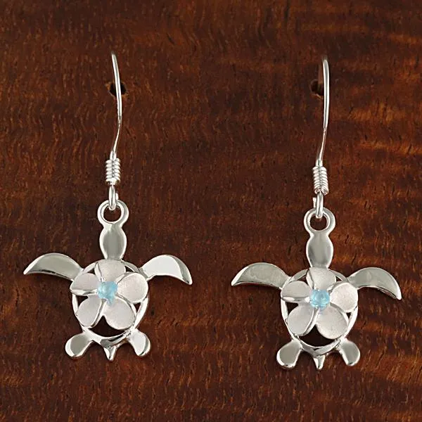 Sterling Silver 8mm Plumeria with Blue CZ on Honu (Hawaiian Turtle) Hook Earrings
