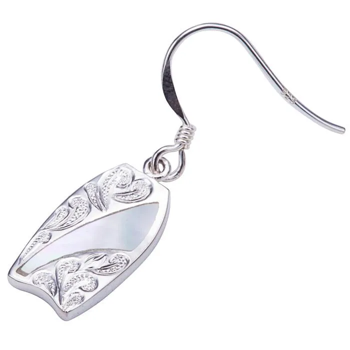 Sterling Silver Hawaiian Scroll Surfboard with Mother-of-Pearl Inlay Hook Earrings