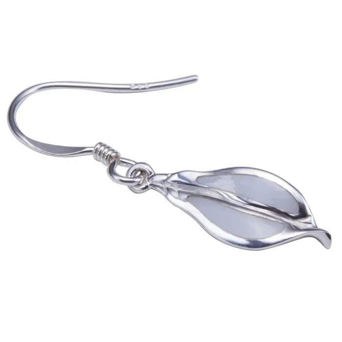 Sterling Silver Maile Leaf with Mother-of-Pearl Inlay Hook Earrings