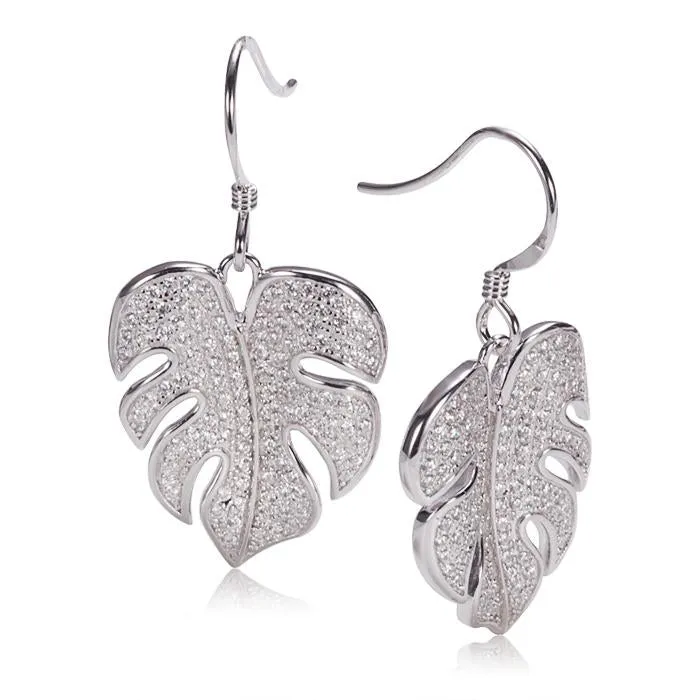 Sterling Silver Monstera Pave CZ Hook Earrings