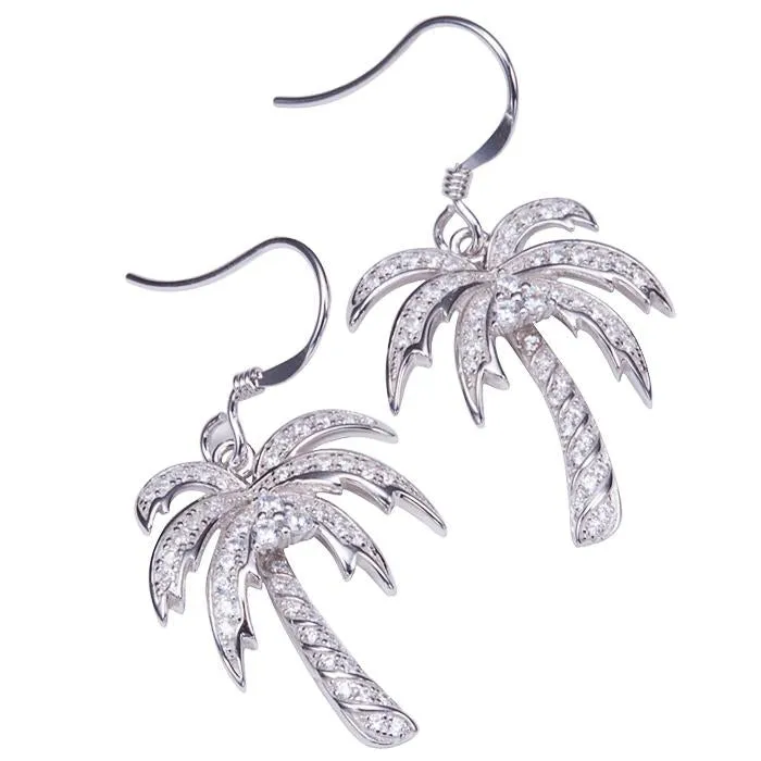 Sterling Silver Palm Tree Pave CZ Hook Earrings