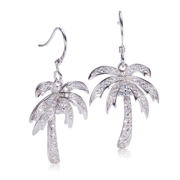 Sterling Silver Palm Tree Pave CZ Hook Earrings