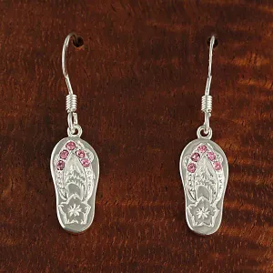Sterling Silver Pink CZ Strap Hawaiian Scroll Slipper Hook Earrings