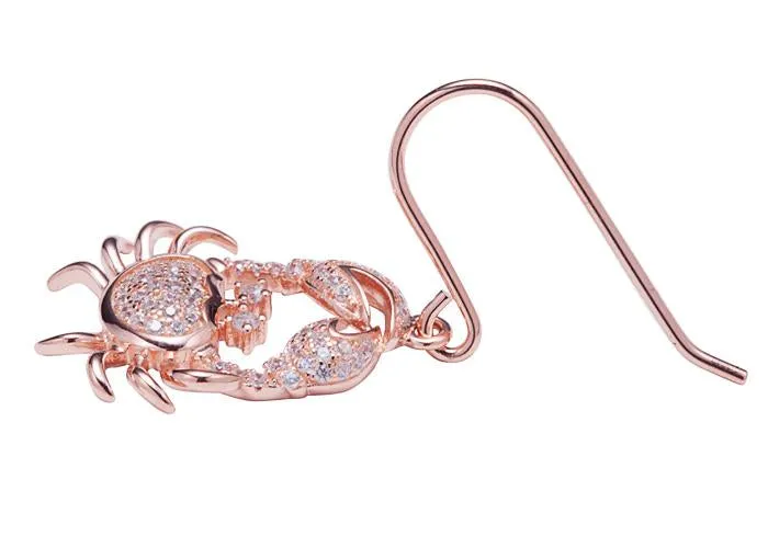 Sterling Silver Pink Gold Plated Crab Pave CZ Hook Earrings