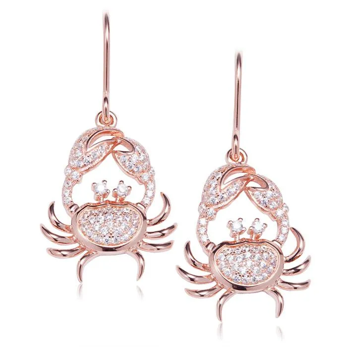 Sterling Silver Pink Gold Plated Crab Pave CZ Hook Earrings