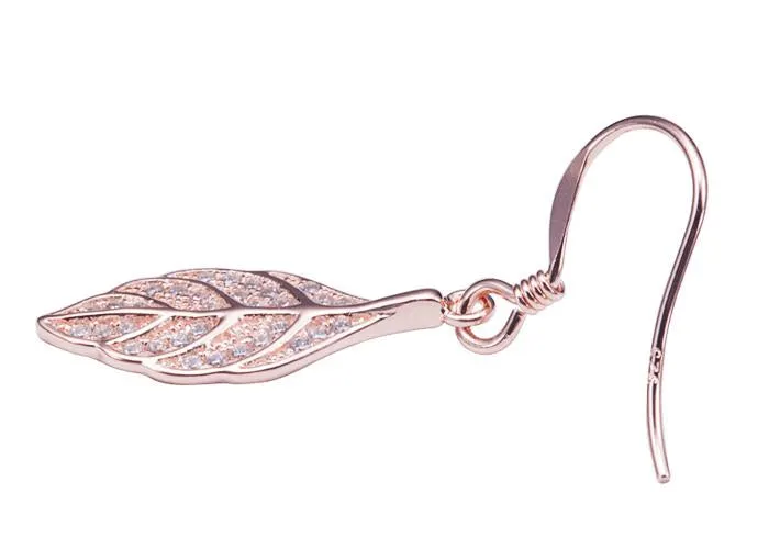 Sterling Silver Pink Gold Plated Maile Leaf Pave CZ Hook Earrings